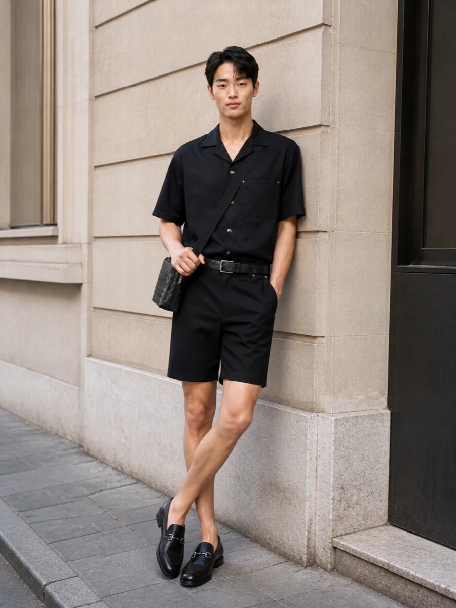 Gucci black camp collar shirt tailored shorts outfit