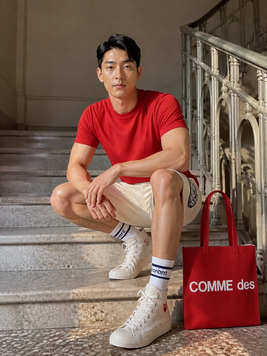 Drole red tee cream shorts cdg hi tops
