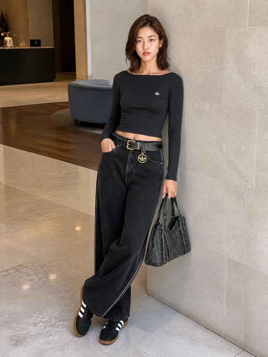 Adidas originals wide leg jeans crop top outfit