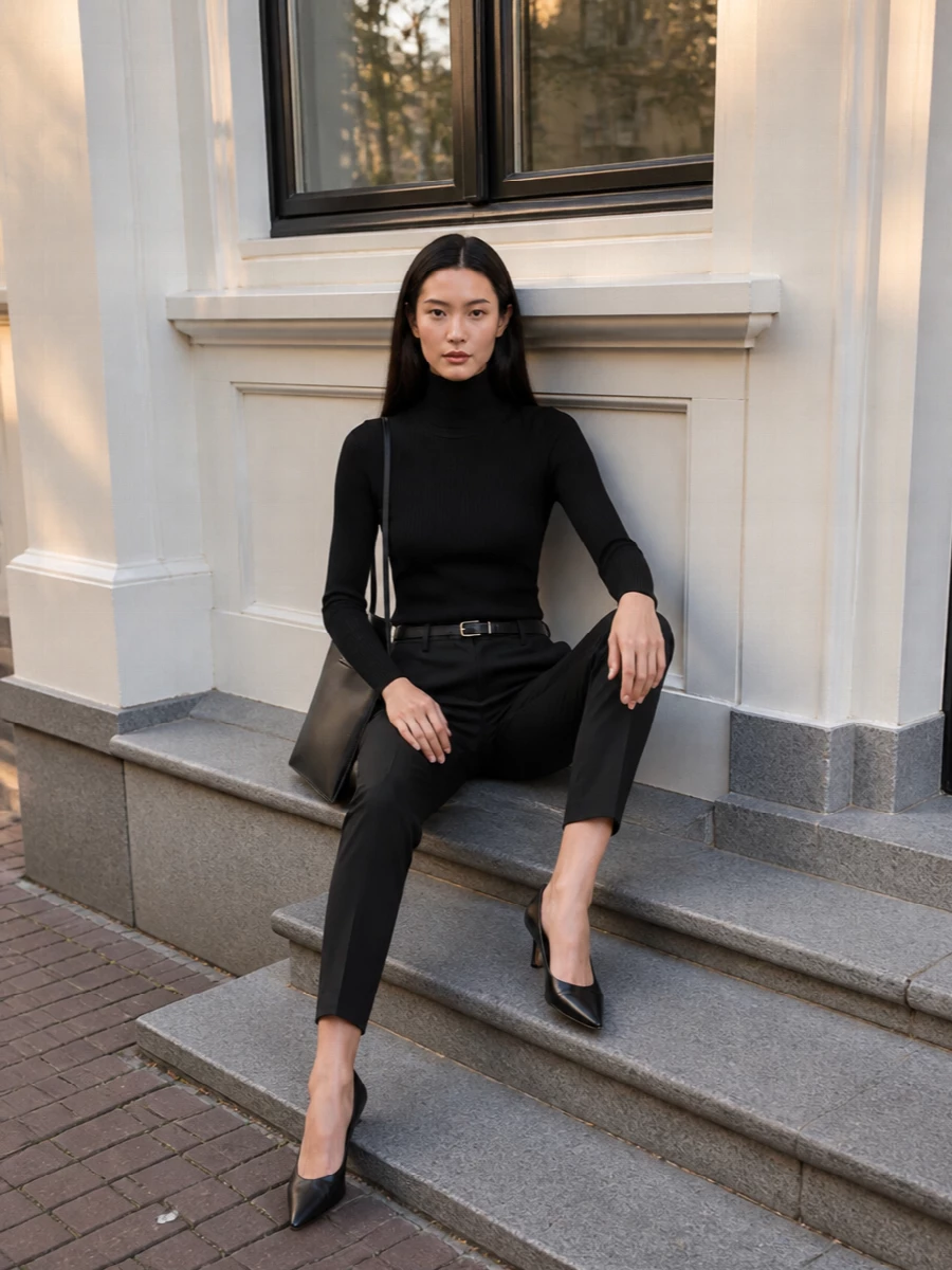 Parosh black trousers turtleneck kitten heels