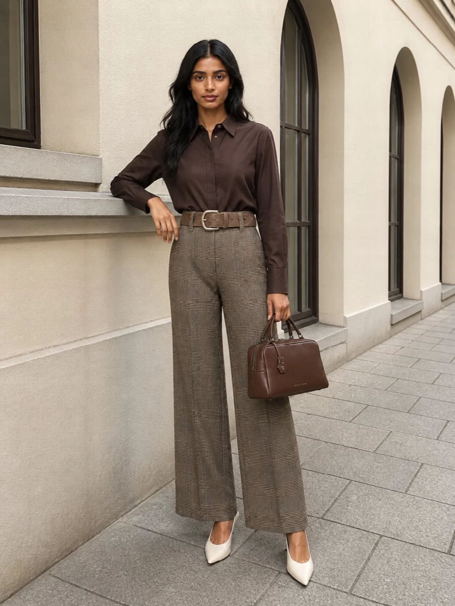Brunello cucinelli checked trousers cocoa shirt outfit