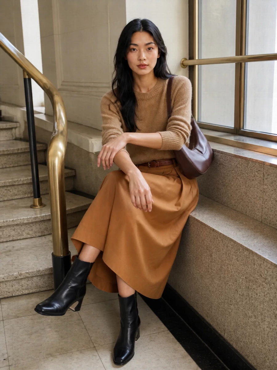 A warm, near-monochrome palette keeps the caramel skirt grounded, with the camel knit echoing its tone for a soft, elongated line. Black sculptural ankle boots and a deep brown curved bag add just enough contrast to feel intentional, while a cognac belt quietly sharpens the high waist. The result is polished and modern, ideal for city days that stretch into dinner without needing a change.