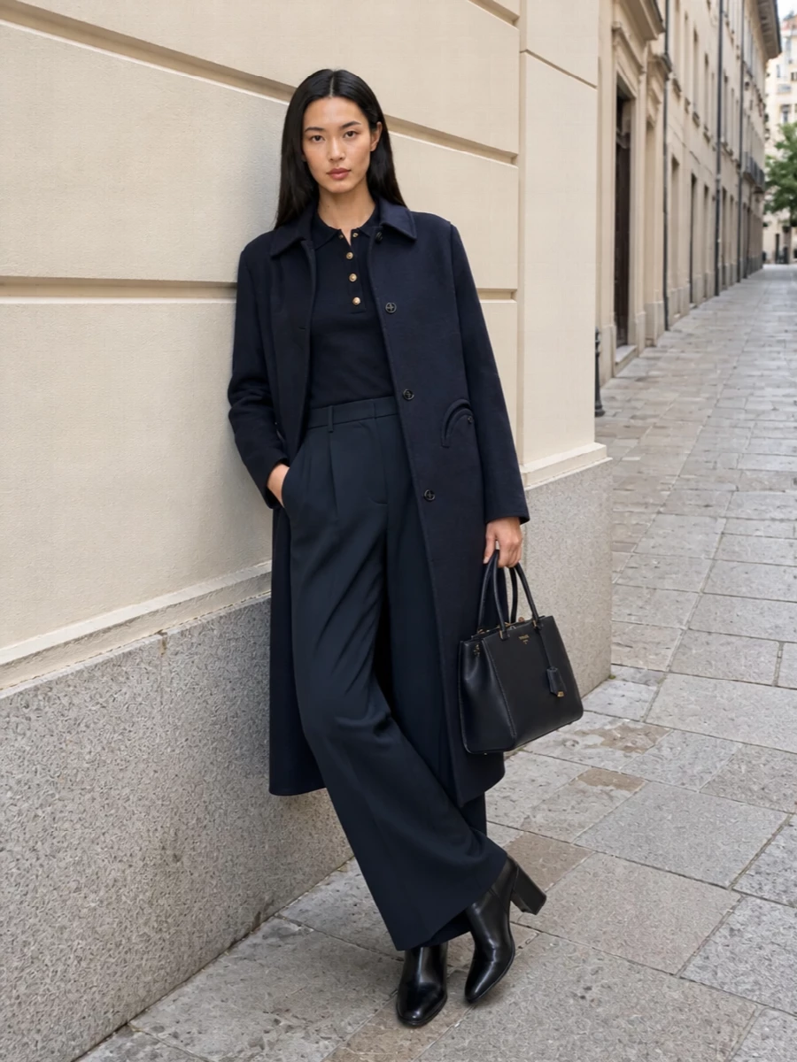 Blaze milano navy coat tailored trousers outfit