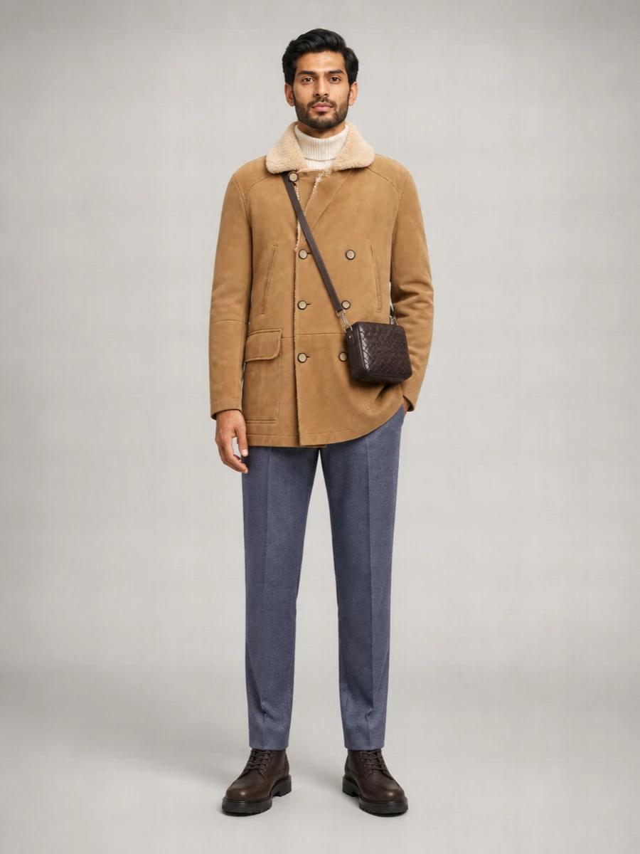 Brunello Cucinelli Shearling Double-Breasted Pea Coat