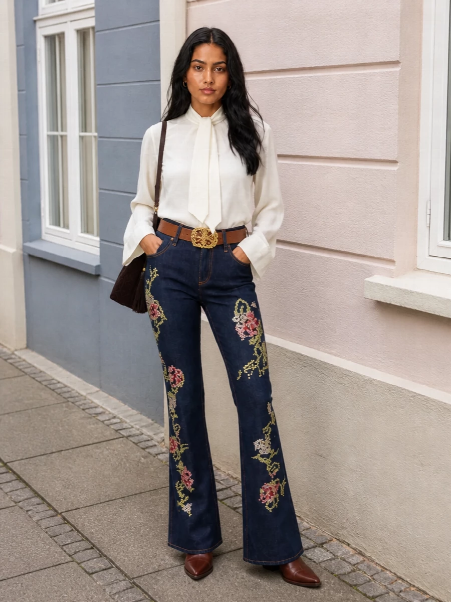 Tory burch embroidered jeans ivory blouse outfit