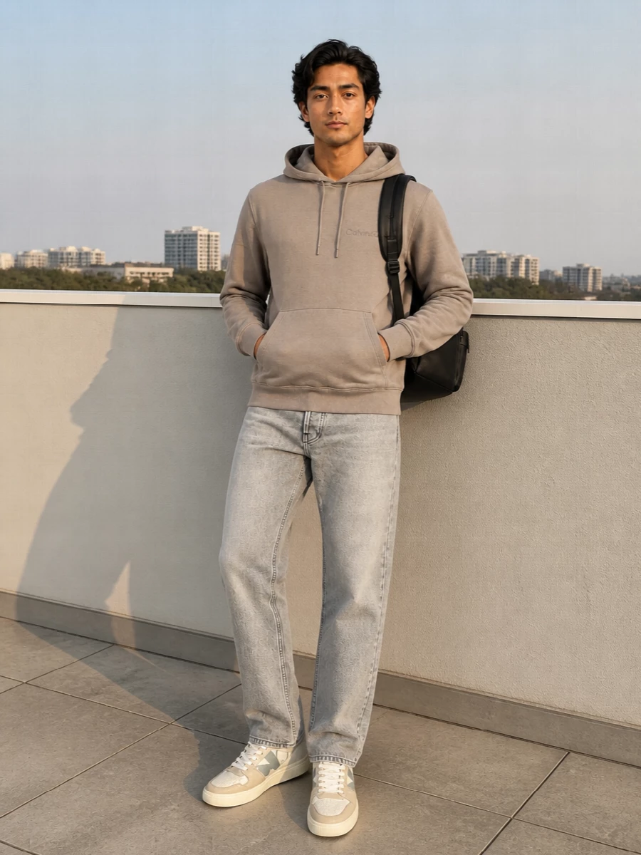 Calvin klein taupe hoodie grey jeans outfit