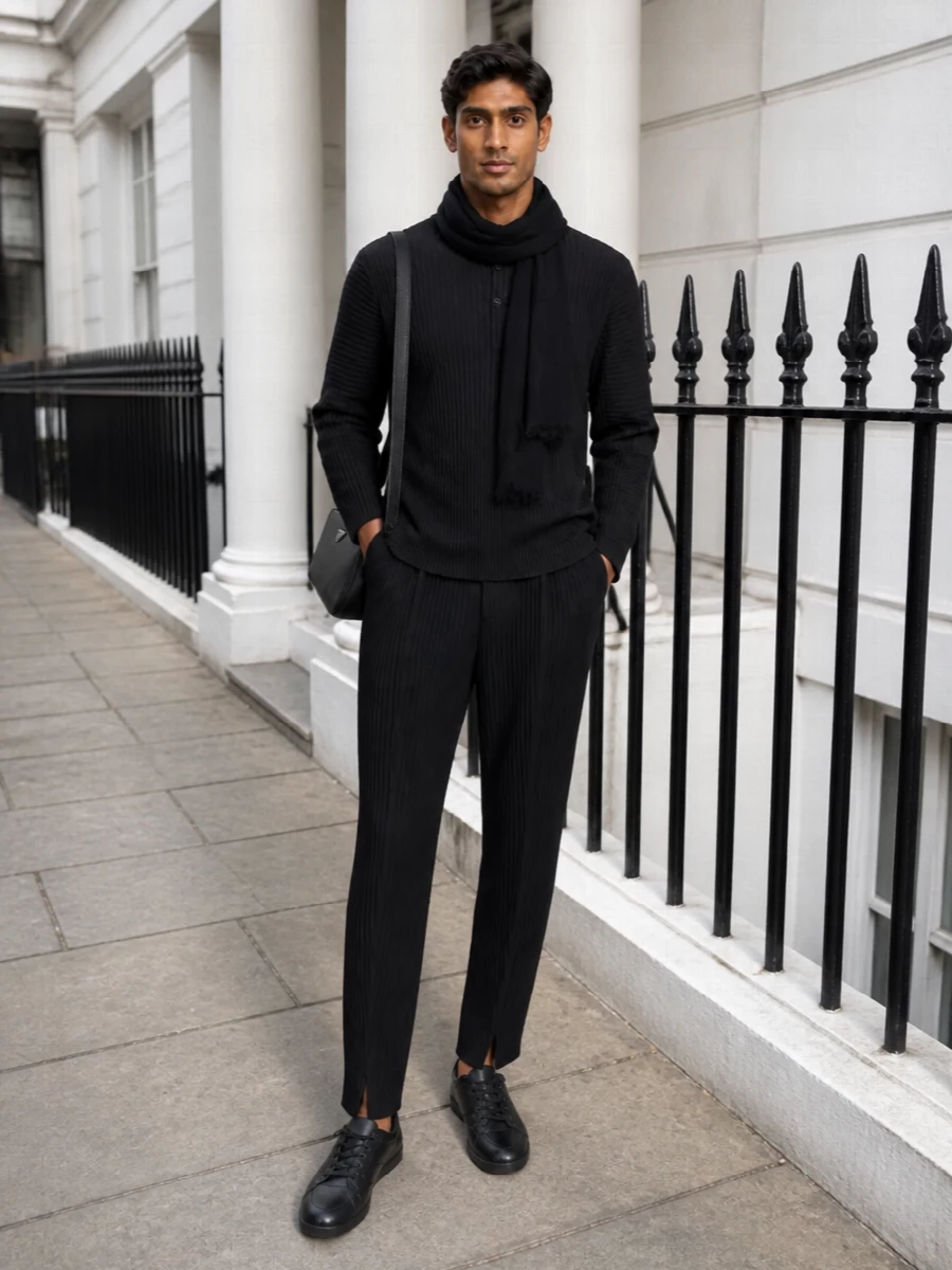 Homme plisse pleats prada black sneakers outfit