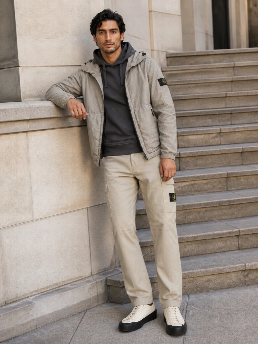Stone island beige utility jacket outfit men