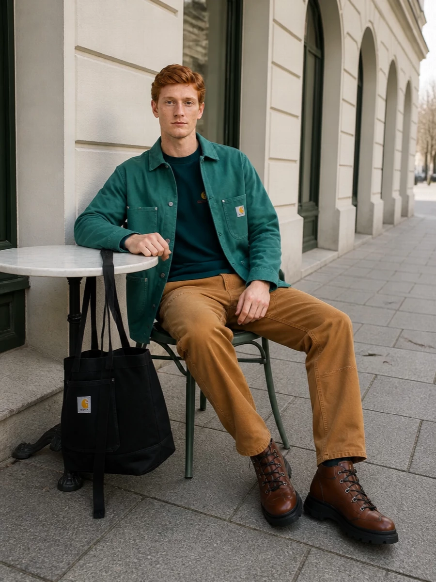 Teal on top and caramel below, this Carhartt-led outfit leans fully into workwear with a clean, graphic-free base layer. The Hogan hiking boots add quiet polish and real winter function, while the oversized black tote keeps everything practical and city-ready. It is an easy uniform for cold days when you want color, structure and comfort in one hit.