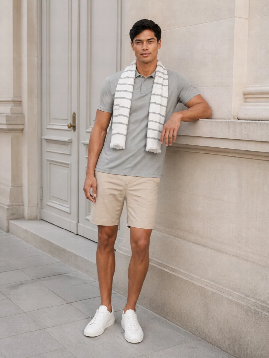 Hartford grey polo stone chino shorts outfit