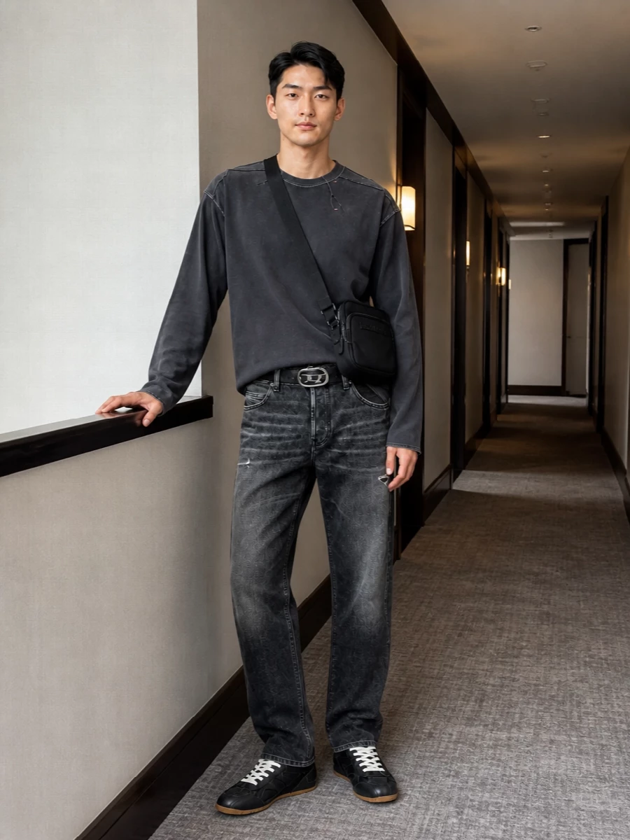 Diesel charcoal sweatshirt black jeans sneakers