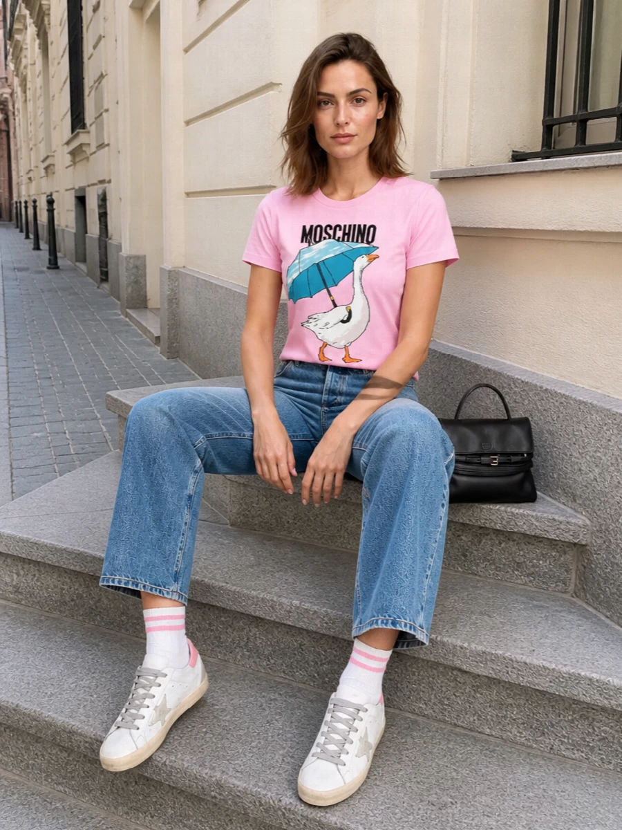 Moschino pink graphic tee jeans sneakers outfit