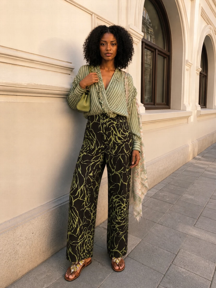 Romantic Dries tailoring in deep brown and sage sets a fluid foundation, grounded by the high-rise wide leg and mirrored by a softly striped wrap top. Tan crystal slingbacks and a structured sage top-handle keep the mood polished and feminine, letting the print story stay graphic yet controlled.