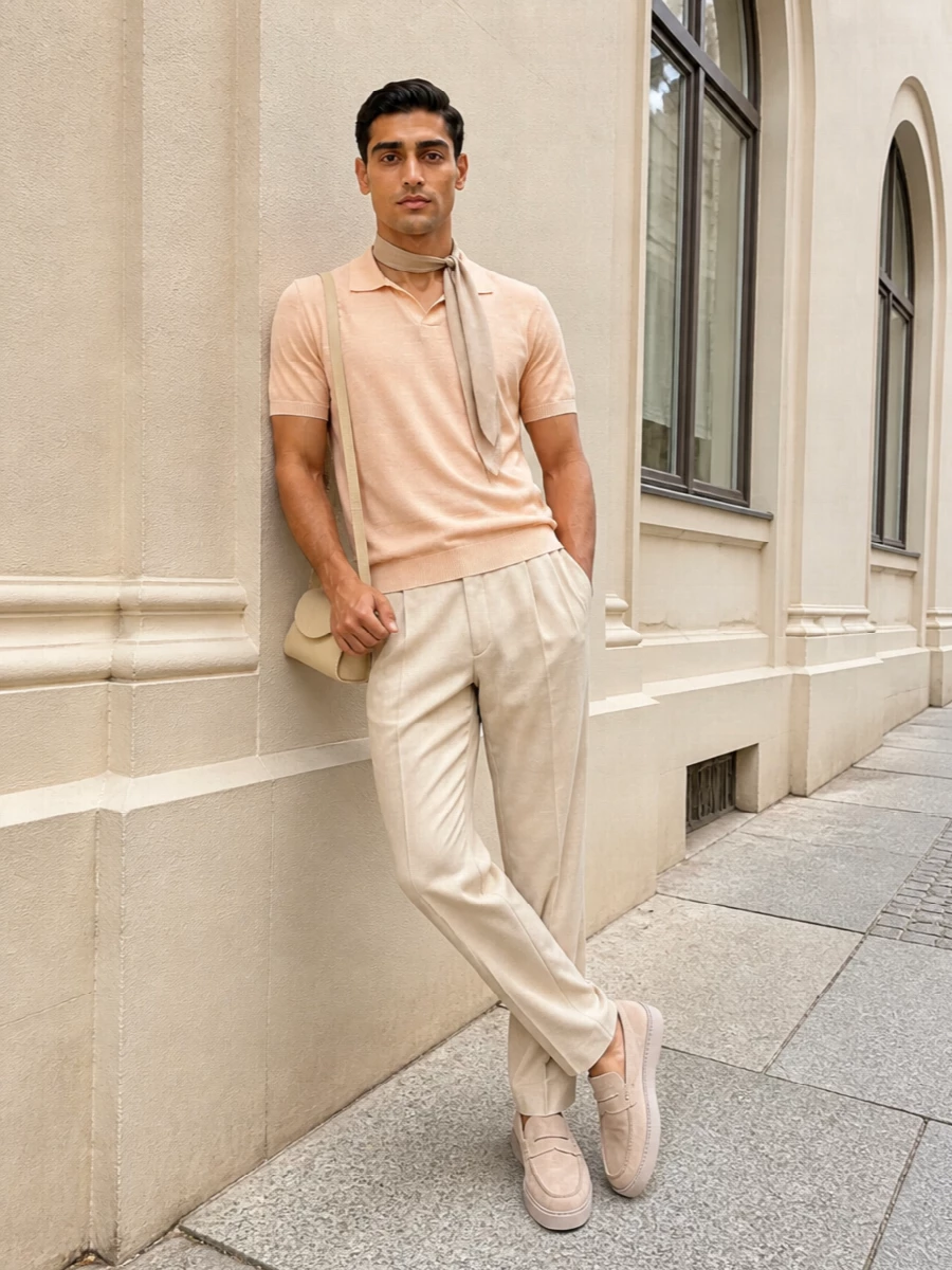 Tagliatore knit polo beige pleated trousers