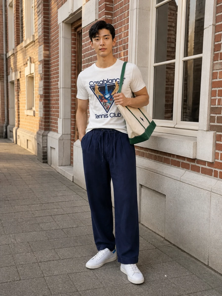 Casablanca tennis club outfit navy trousers
