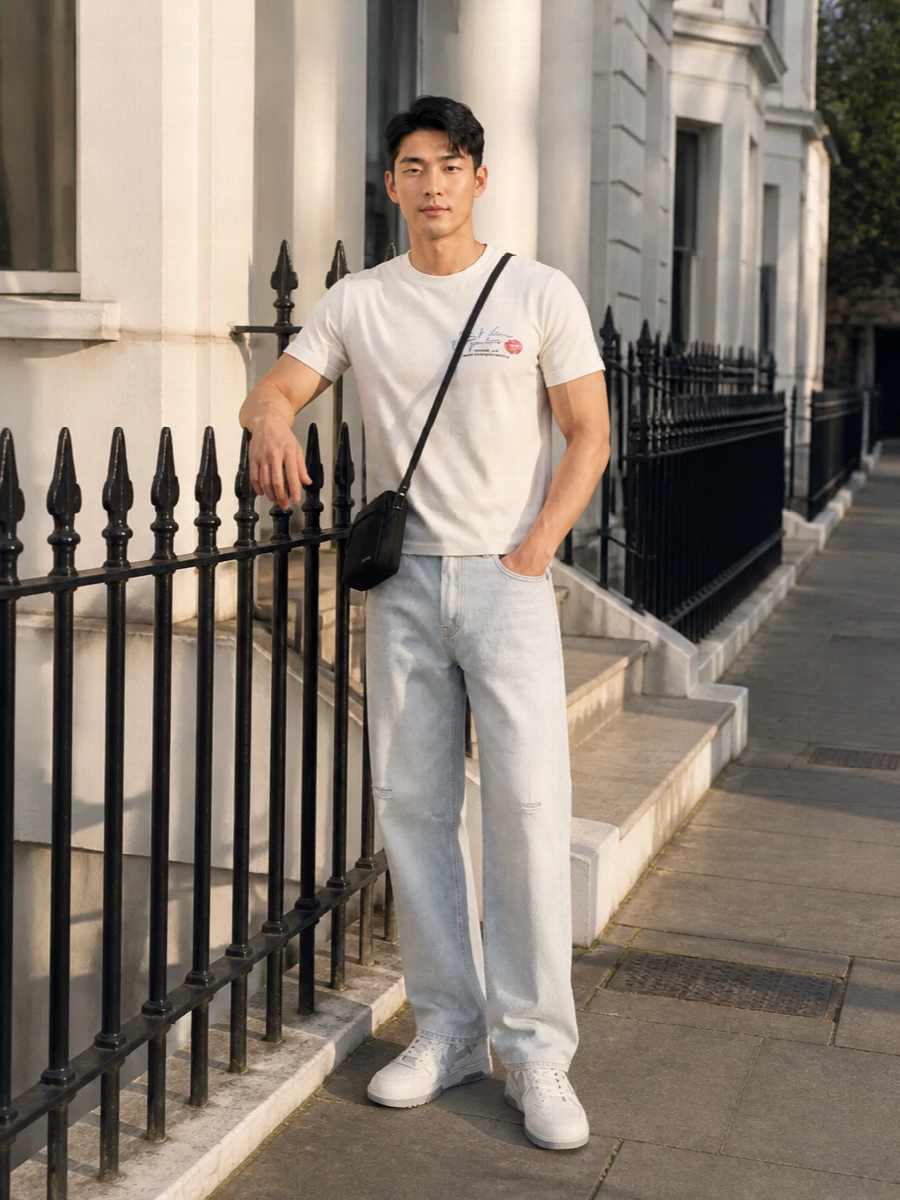 Represent tee light wash jeans off white sneakers