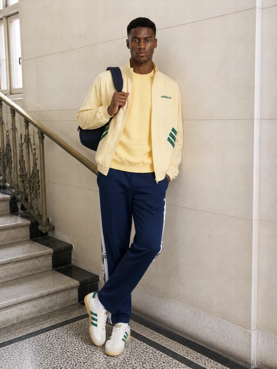 Adidas pastel yellow windbreaker navy track pants outfit