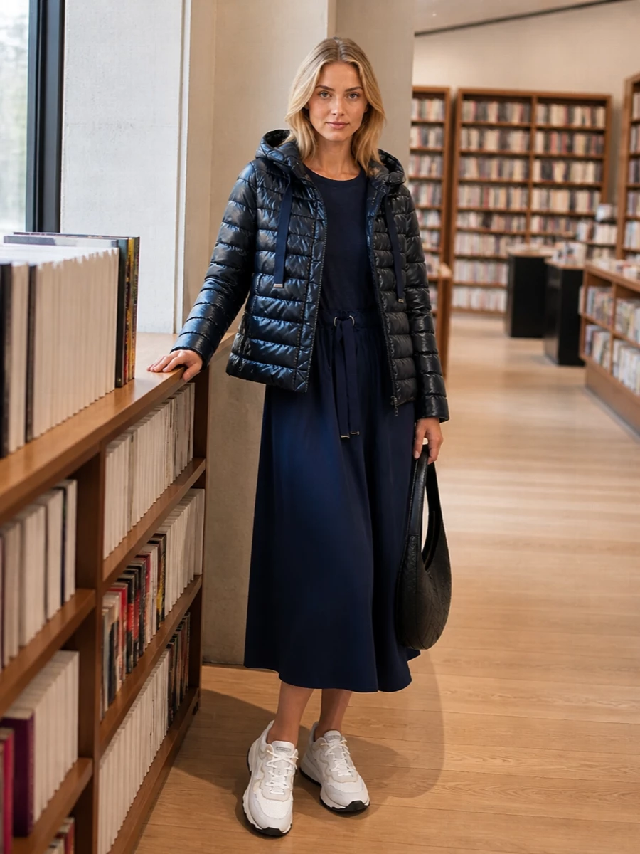 Herno navy puffer two tone midi dress outfit