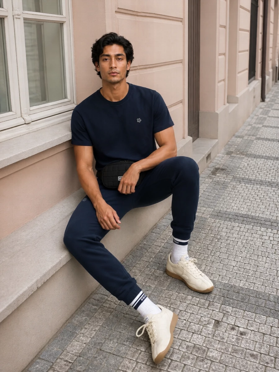 Kenzo navy track pants cream sneakers outfit