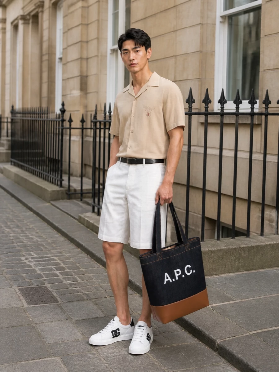 Diesel camp shirt off white shorts white sneakers
