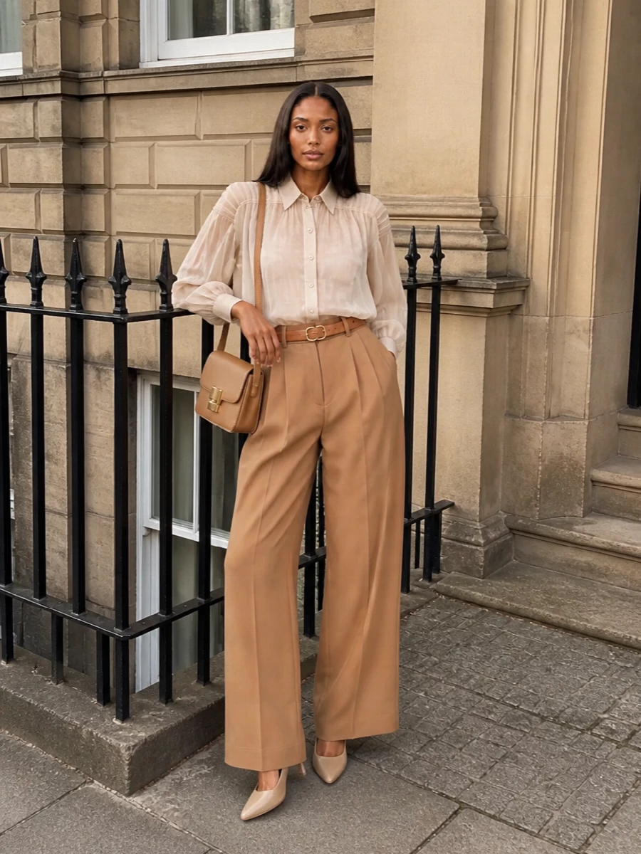 Alberta ferretti camel trousers sheer ivory blouse