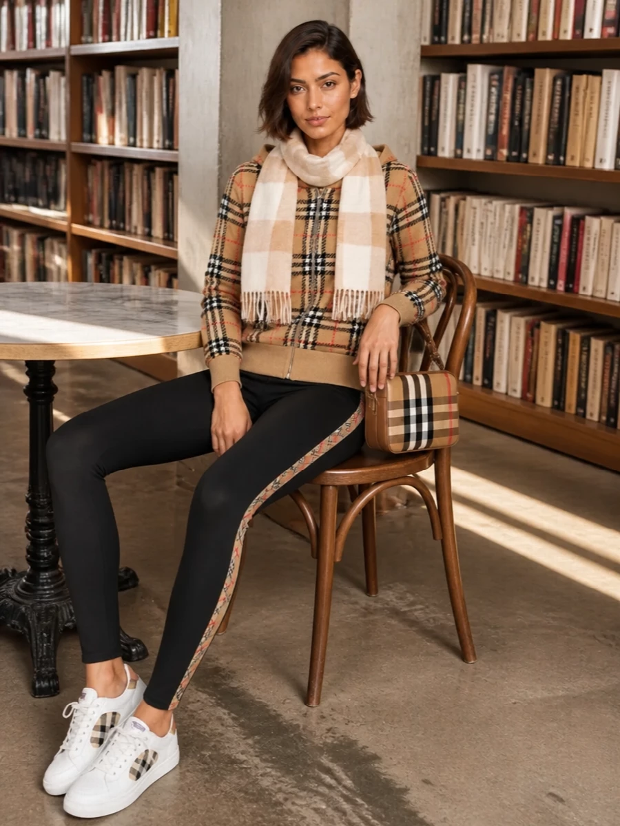Burberry’s check hoodie sits against clean black leggings for a sporty, long-and-lean take on heritage. White leather sneakers and a compact check crossbody keep everything sharp, practical and city-ready. A softly neutral scarf adds just enough extra pattern and warmth without disturbing the easy off-duty balance.