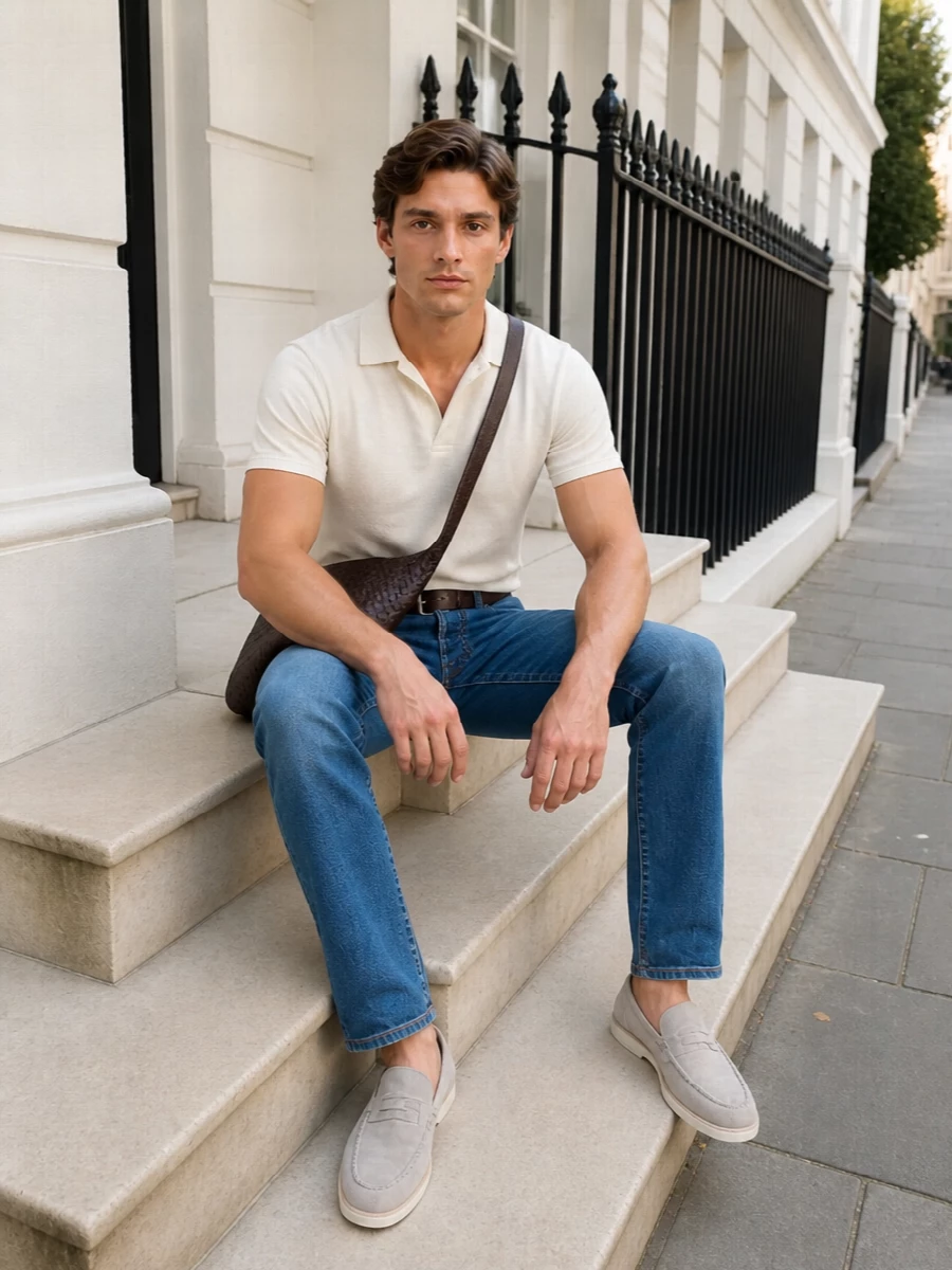 Mid-blue Jacob Cohen denim is paired with a crisp, collarless-feel white polo for a clean, unfussy take on casual dressing. Pale stone suede loafers keep the line sleek while lightening the base, and a deep espresso intrecciato crossbody with a matching suede belt adds just enough depth and structure. The result is an easy, quietly considered outfit that moves from daytime city wandering to an informal dinner without a change of clothes.