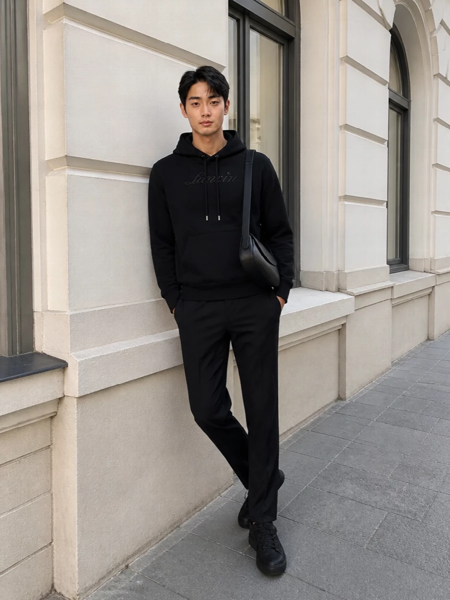 Lanvin black hoodie tapered trousers outfit
