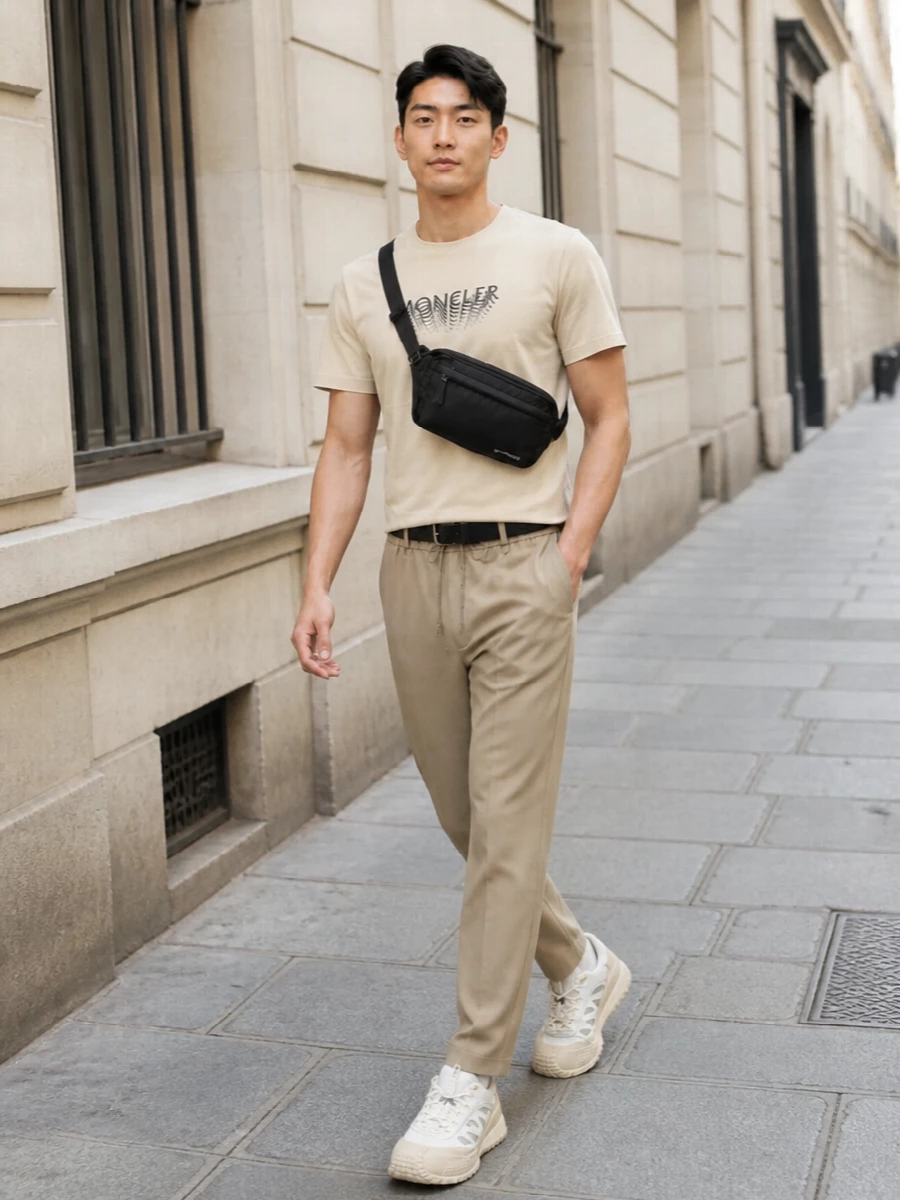 A light beige Moncler tee sits over sand tapered track pants for a refined, tonal take on athleisure that feels fresh for spring-summer. Off-white technical sneakers echo the neutrals while adding a performance edge, and a discreet black belt bag plus slim leather belt bring just enough structure and quiet luxury to keep the look considered rather than casual. It’s an elevated everyday uniform that moves easily from city errands to travel days without ever feeling overdone.