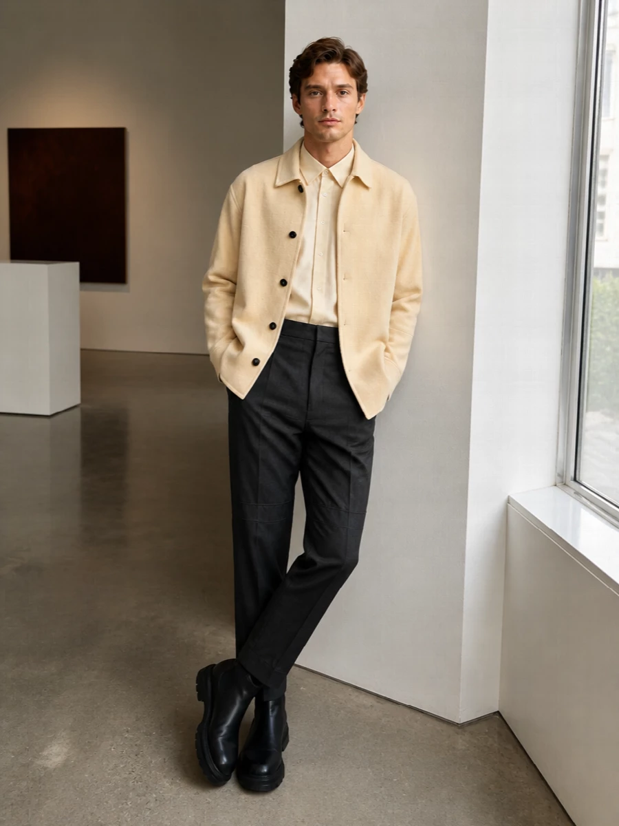 Jil sander beige overshirt charcoal trousers outfit