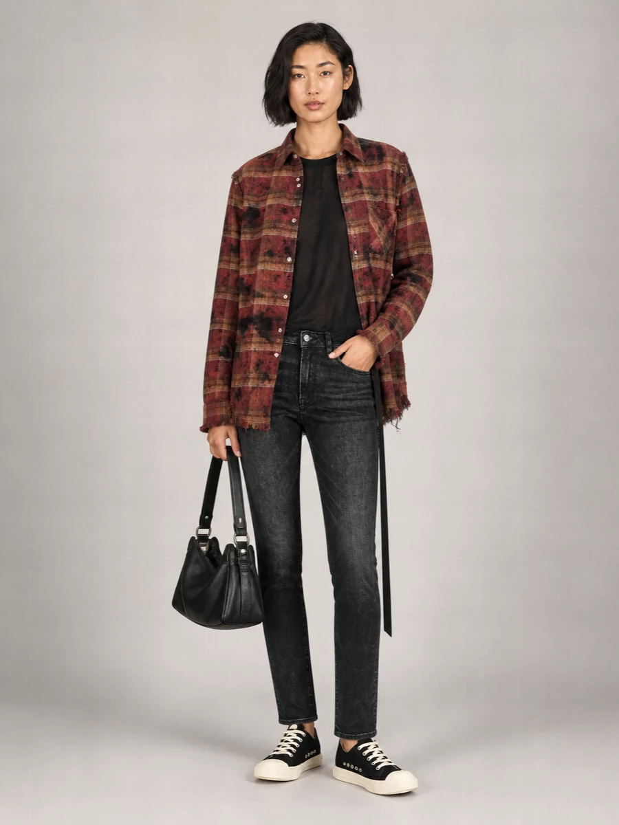 R13 Checked Fringed Asymmetric Cotton Shirt