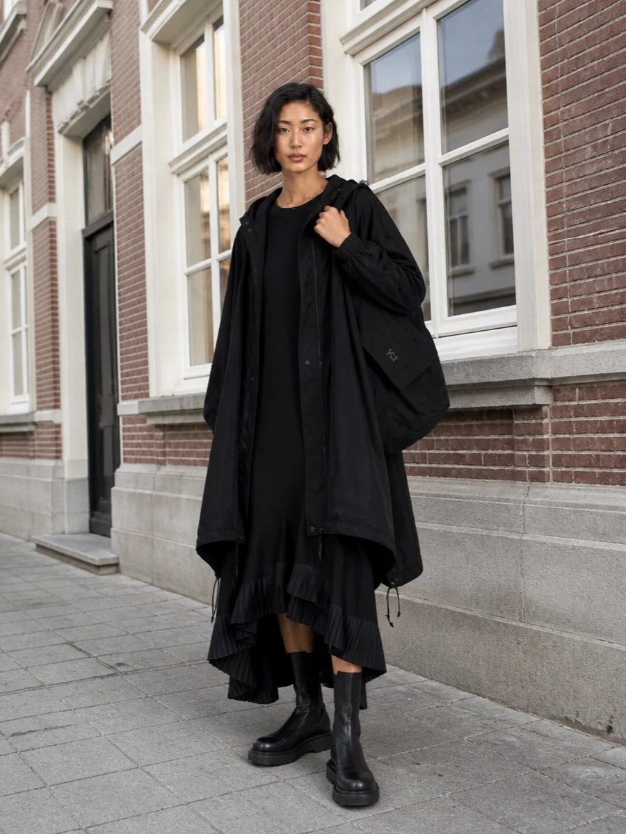 Sacai poncho black midi dress chunky boots
