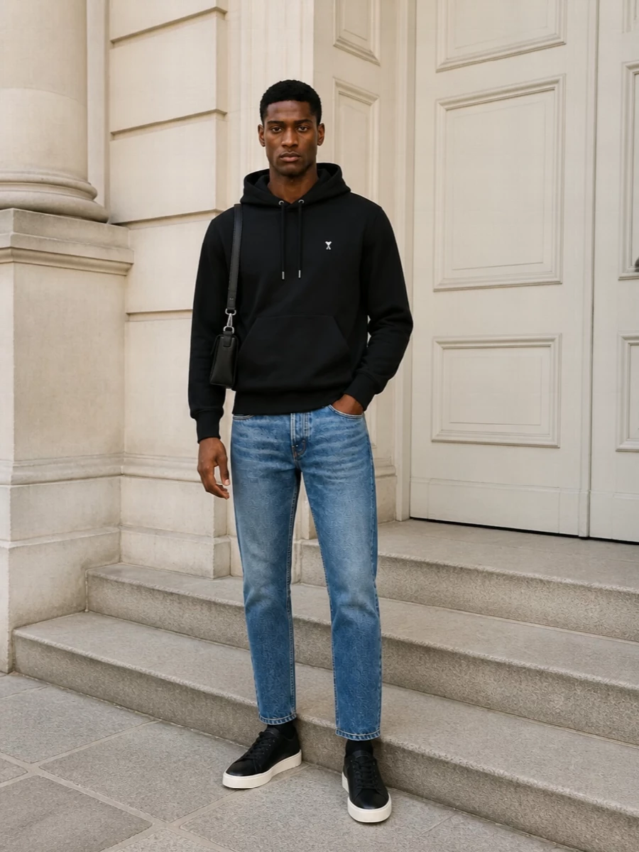 Ami paris black hoodie blue jeans sneakers
