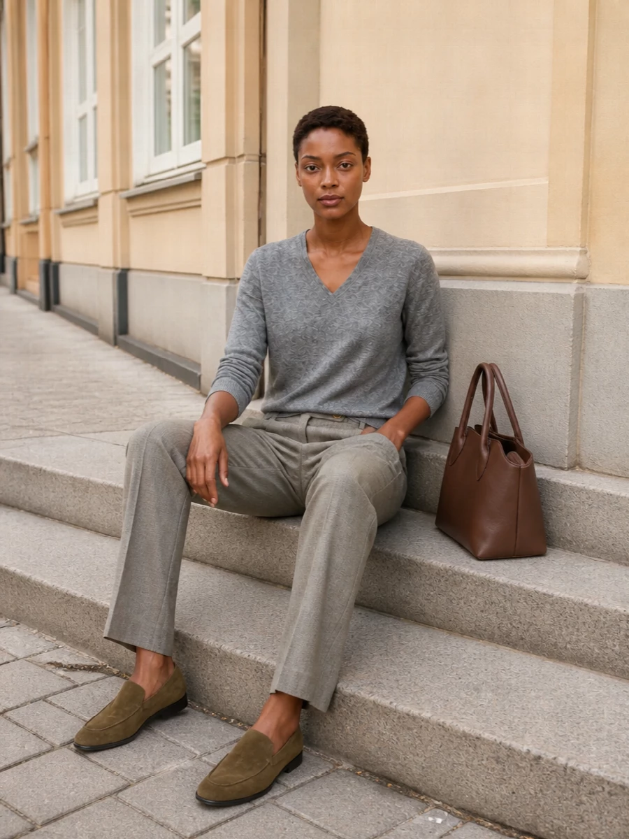 A heather grey V-neck knit slips into tailored taupe melange trousers for a calm, tonal take on weekday dressing. Suede slip-on loafers keep the line relaxed but precise, while a structured chocolate tote adds quiet definition. The result is soft, composed and ready for anything from studio days to discreet client meetings.