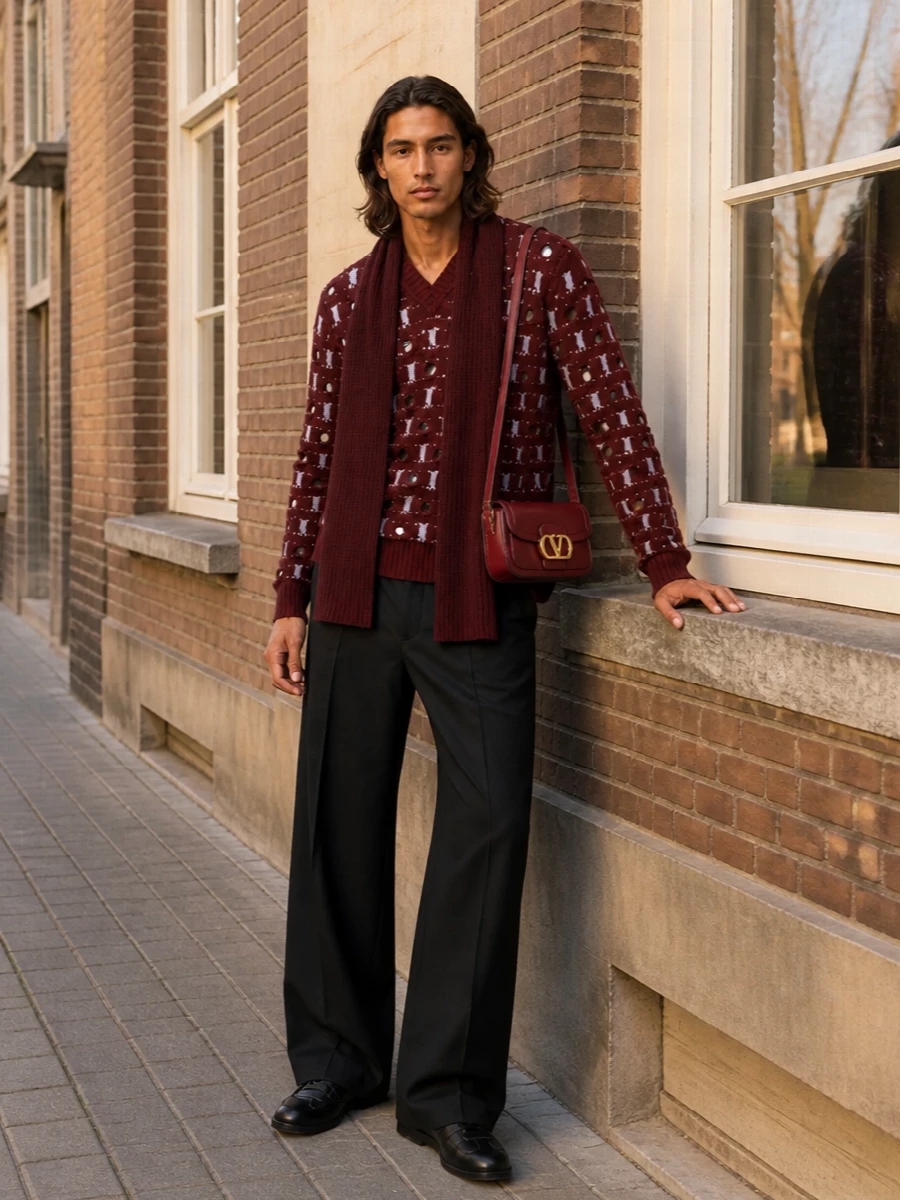 Marni burgundy sweater black wide leg trousers outfit