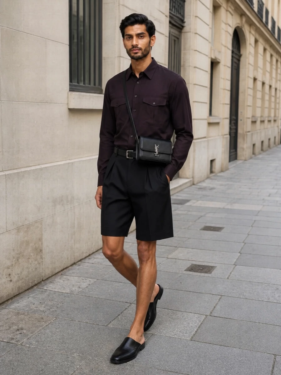 Designer black tailored shorts utility shirt outfit