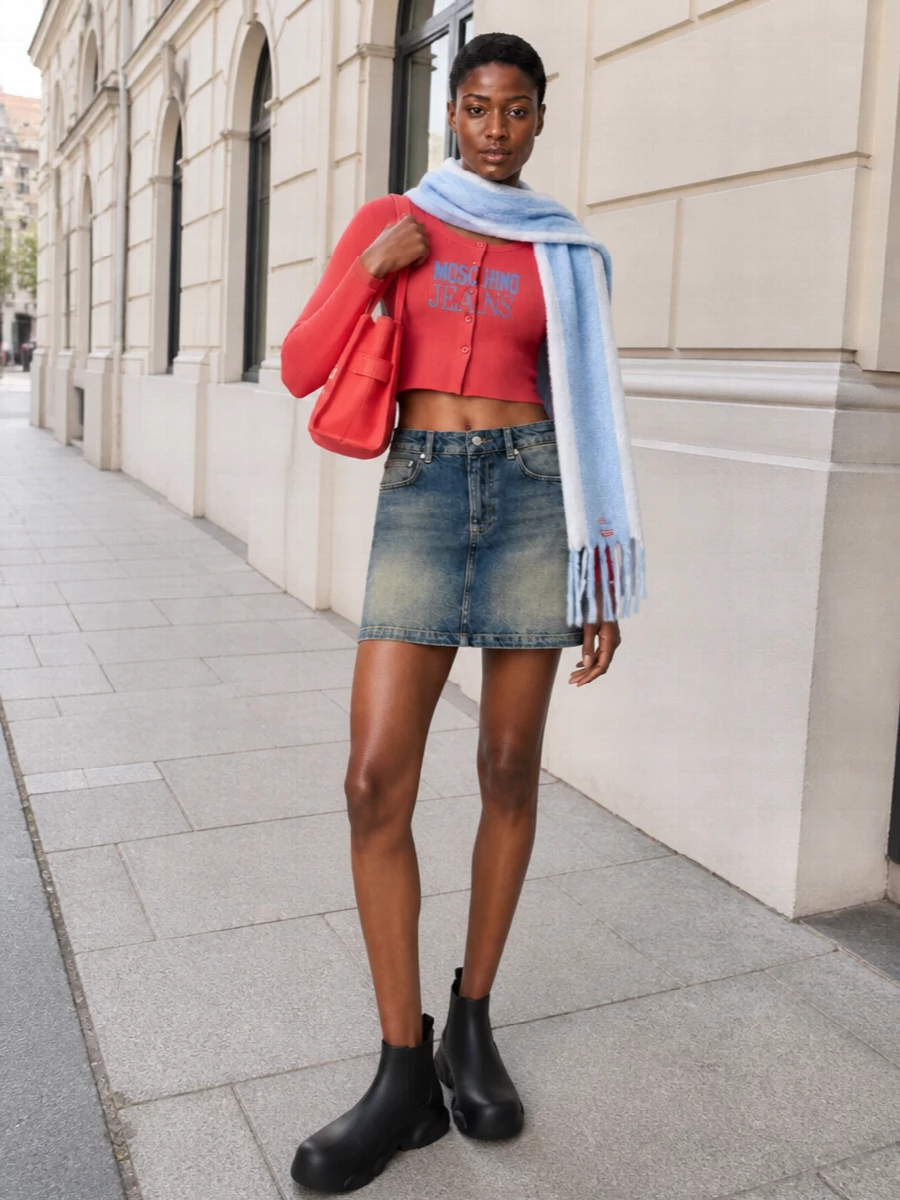 Moschino cropped cardigan denim mini boots