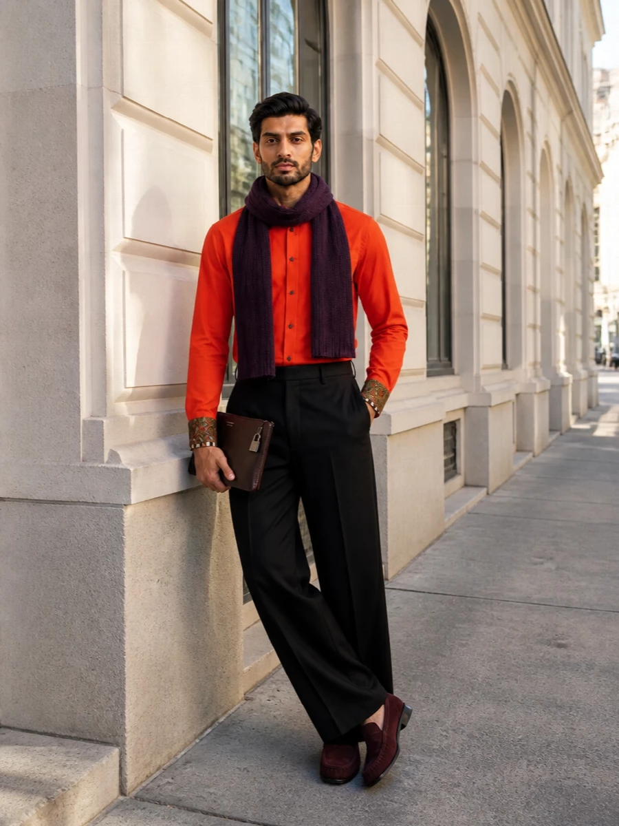 Dries van noten orange shirt black tailored trousers