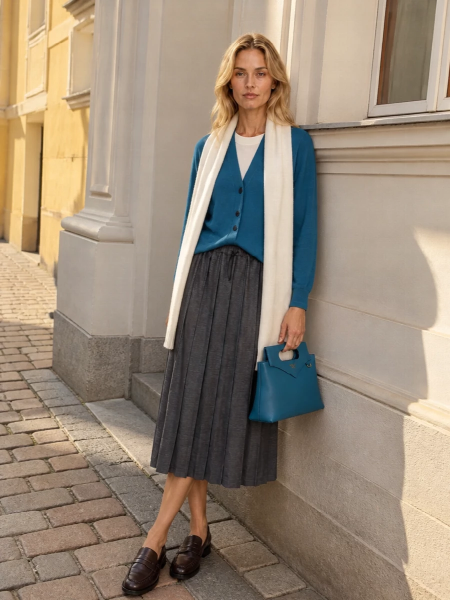 Paul smith teal cardigan charcoal pleated midi
