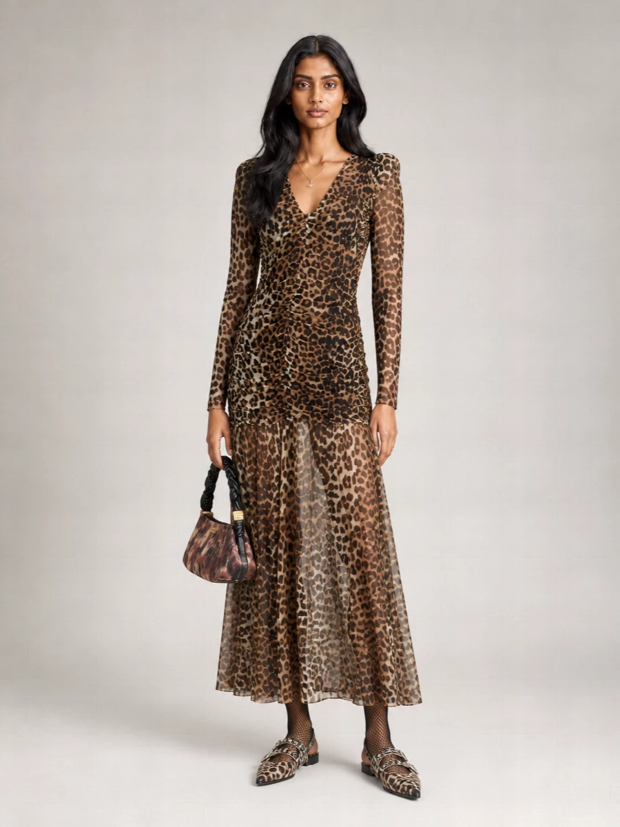 Ganni Animal-Print Draped V-Neck Long-Sleeve Maxi Dress