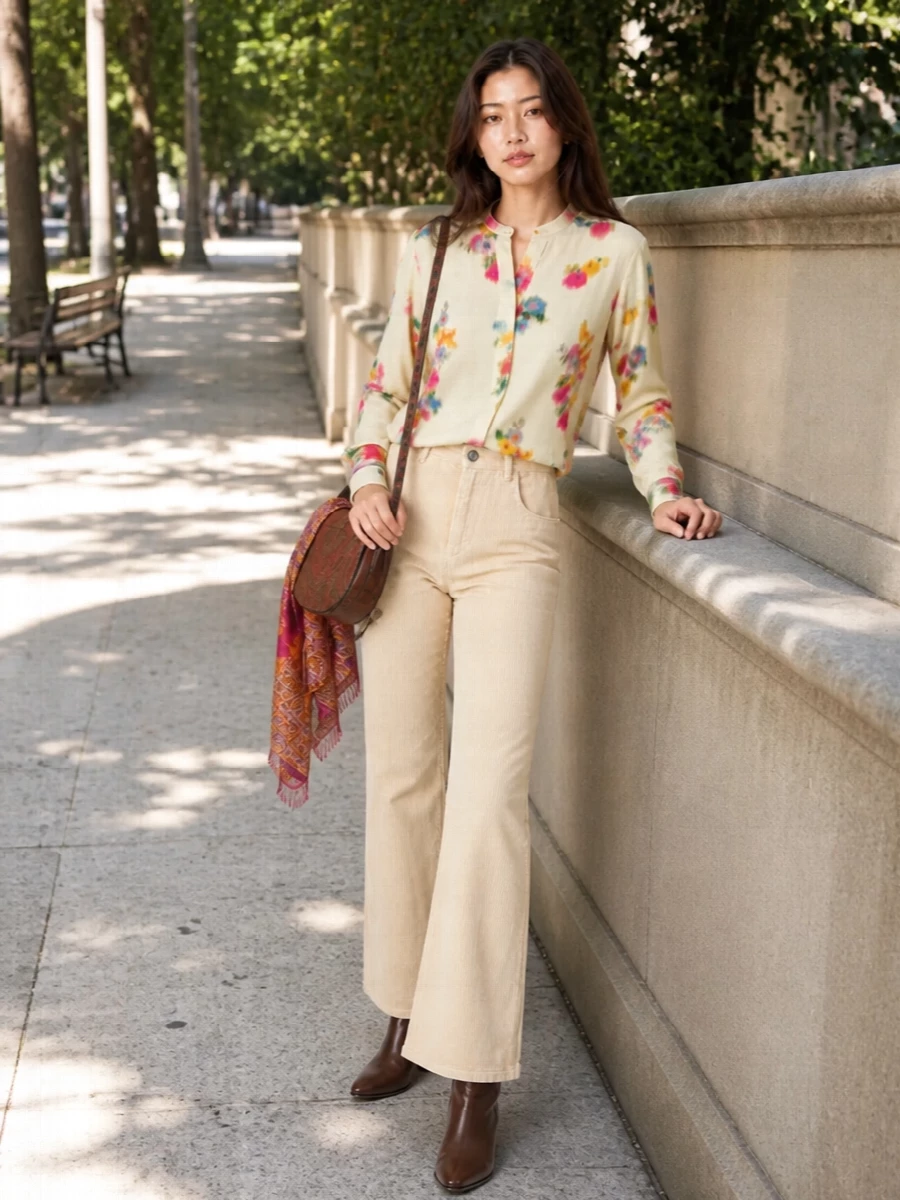 A blurred floral blouse in buttercream is pared back with soft sand corduroy flares, creating a romantic palette that still feels grounded for cooler months. Slouchy chocolate boots and a paisley saddle bag pick up the blouse’s warmth without competing with its colour, while a buttercream-toned scarf ties the soft prints together in an easy, bohemian way.