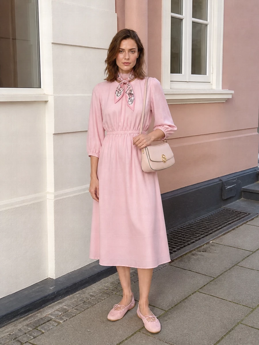 This is a quietly pretty, preppy-romantic summer day ensemble built around tonal pinks. The pastel Fabiana Filippi midi gives an easy cinched waist and swish, while the Prada scarf ties at the neck or bag handle for a playful logo touch. Blush ballet flats and a soft blush shoulder bag keep everything in the same refined, relaxed colour story without tipping into saccharine.