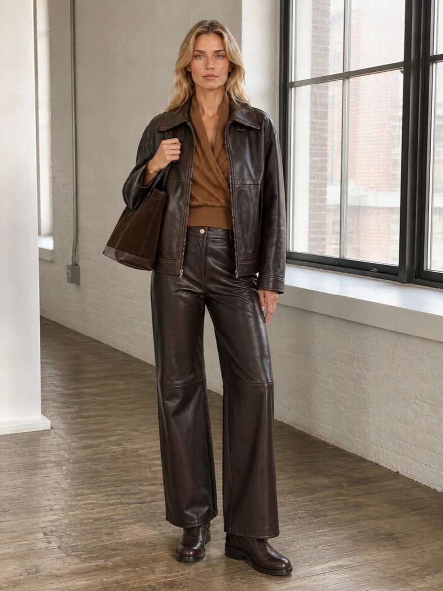 Leather jacket wide leg trousers winter outfit