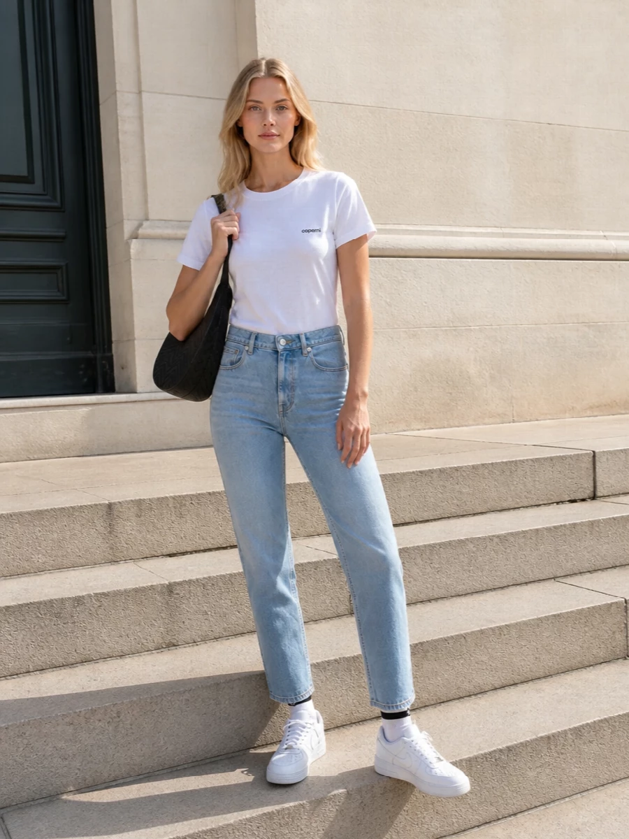 Coperni white logo t shirt light wash jeans