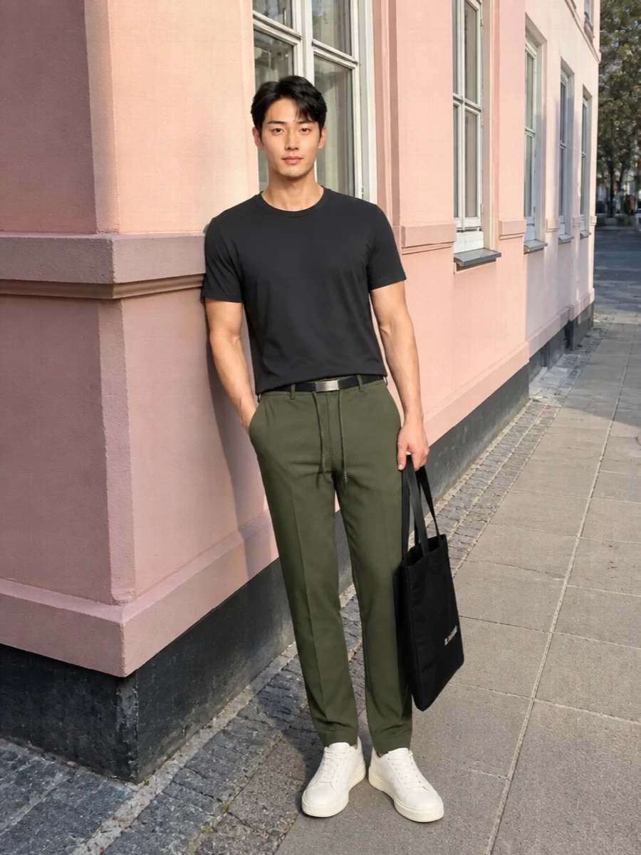 Circolo tee olive trousers white sneakers