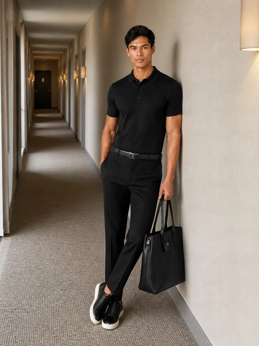 A black Tom Ford polo with slim tailored black trousers creates a clean, monochrome column that feels polished without slipping into full suiting. Black leather low-top sneakers and a structured tote keep it office-right yet relaxed, while the discreet T-bar belt sharpens the waistline. It is a quietly confident uniform for city days that run straight into dinner.