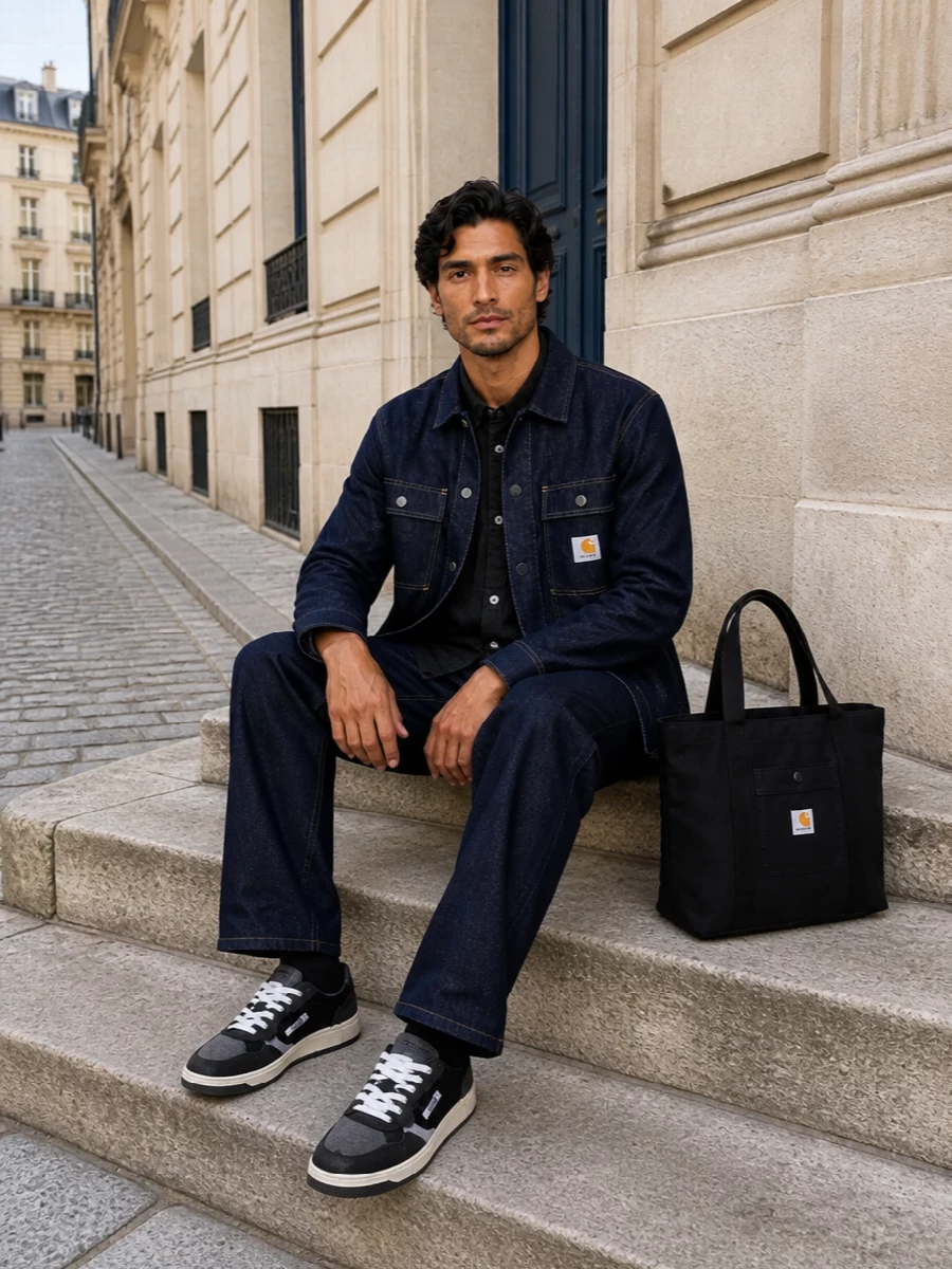 Carhartt double denim black sneaker outfit