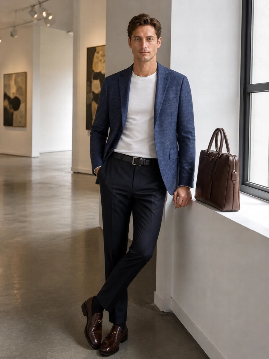 Zegna navy blazer charcoal trousers prada loafers