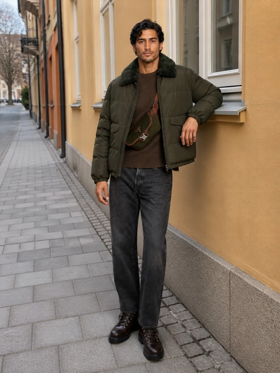 Prada padded bomber charcoal jeans outfit