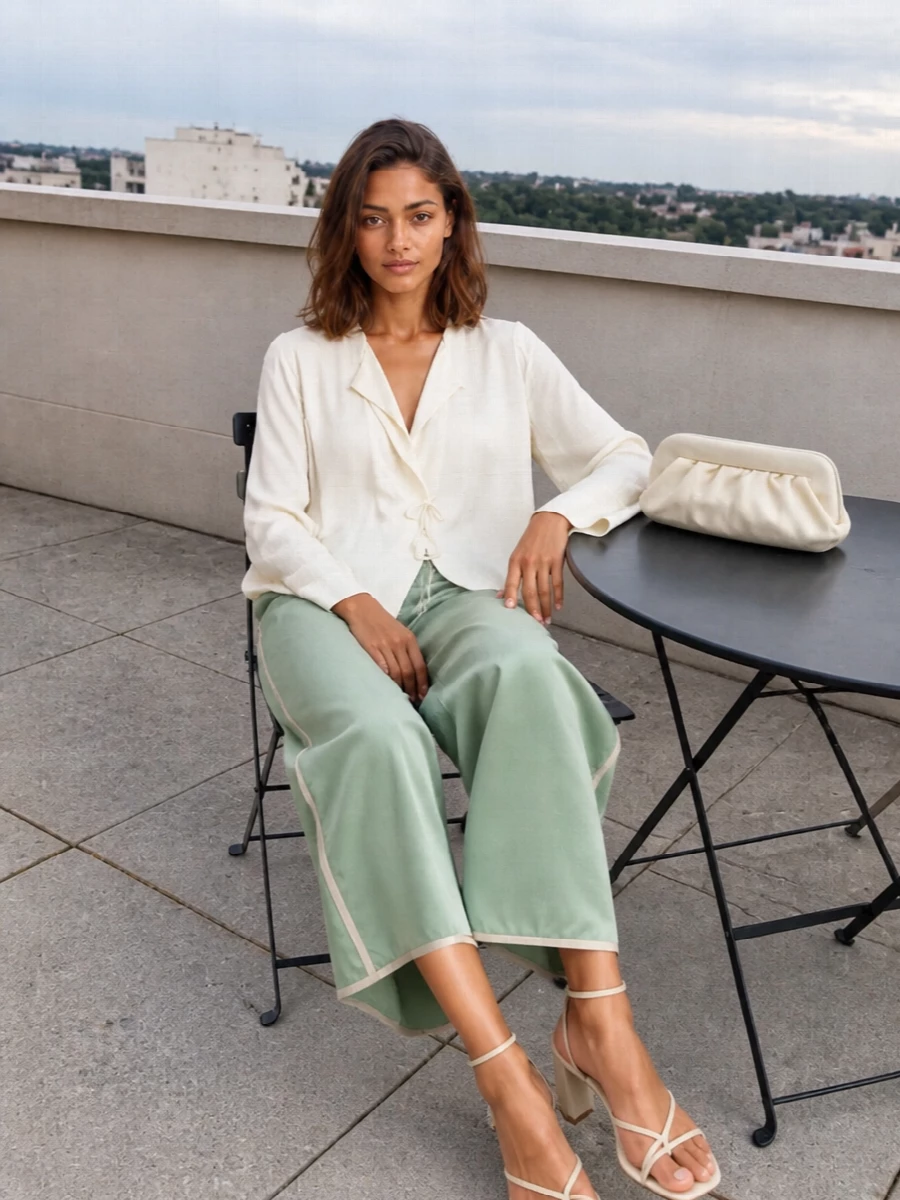 Soft sage satin grounds the outfit, with an ivory blouse bringing light to the face and balancing the cropped wide leg. Champagne-toned sandals and a buttercream clutch add a subtle glow, keeping everything polished yet relaxed. The result is a fluid, romantic combination that works as easily for a terrace dinner as for a low-key summer party.